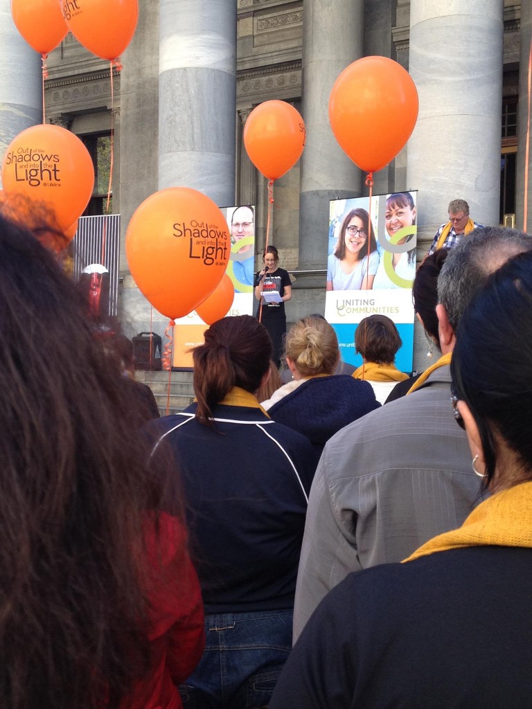 Rev Sarah Williamson speaking on steps of SA Parliament House
